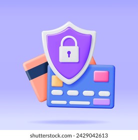 3D Bank or Credit Card with Padlock Isolated. Safe Payment System with Chip. Render Padlock and Plastic Card. Safety Payments Concept. Secure Payments, Money Under Protection. Vector Illustration