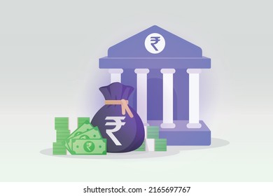 3D Bank Deposit And Money Bag And Banknote Illustration With Rupee Sign. Indian Cash Money Symbol. Money Saving Concept. Bank Transfer Service Icon. Business Financial Management. EPS-10 Vector Art.