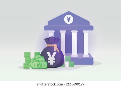 3D Bank deposit and money bag and banknote illustration with YEN sign. Japanese Cash money symbol. money saving concept. bank transfer service icon. business financial management. EPS-10 vector art.