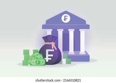 3D Bank deposit and money bag and banknote illustration with Frans sign. Swiss franc money symbol. money saving concept. bank transfer service icon. business financial management. EPS-10 vector art.