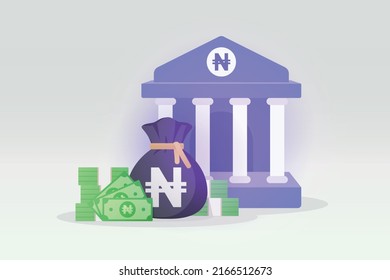 3D Bank deposit and money bag and banknote illustration with naira sign. Nigerian money symbol. money saving concept. bank transfer service icon. business financial management. EPS-10 vector art.