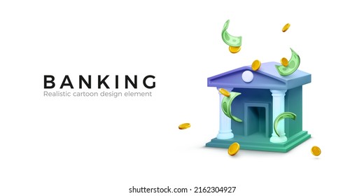 3D bank and falling green dollars and gold coins. Banner for banking app or service in realistic cartoon style. Business concept. Vector illustration