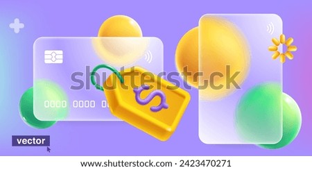 3D bank plastic card template with realistic Sale label tag with dollar symbol, ribbon, loading icon and sphere in glassmorphism style. Cartoon style discount kit. Special offer template.