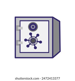 Ilustración vectorial segura de banco 3D. Caja de seguridad de acero para ahorrar dinero, riqueza, oro, joyas, activos. Almacenamiento de documentos. Clip de arte, pegatina, icono, logotipo.
