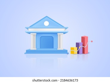3D banking and bar graph  concept business target goals concept, success, investing marketing. Pastel background. Minimal cartoon icon. Vector illustration