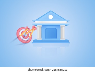 3D banking business goal idea. Success. Investment marketing. 3d arrow target center and dollar money on pastel background. Minimal cartoon icon. Vector illustration