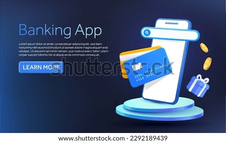 3d banking credit cards with smartphone, search bar, coins, gift box floating on podium. Banner design with text and CTA concept for  banking, financial, promotion, advertising. 3D vector illustration