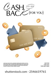 3d cartões de crédito bancários premium, 2 maneiras de seta de ciclo, moedas de ouro voando, preço por cento fora, isolado no fundo branco. Ícone de cartão de débito de pagamento de cashback no vetor 3d.