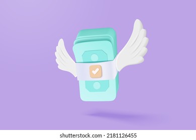 3D banknote floating currency on purple background. banknote with wings growing business concept, lost money, money saving, bank, finance investment. 3d online payment icon vector render illustration