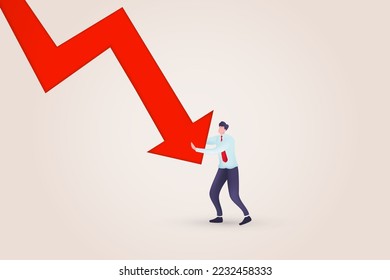 3D Bankrupt businessman pushed by downward Red arrow going down. Symbol of bankruptcy, failure, recession, crisis and financial losses on stock exchange market.