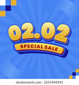 3D banner with bold yellow '02.02 Special Sale' text on a bright blue background. Offering eye-catching design for digital marketing.