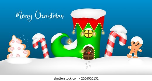 3D banner Christmas elf house, vector illustration