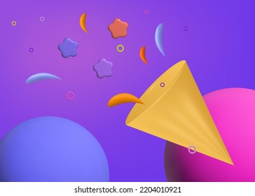 3d banner confetti party. Holiday event, flapper explosion with ribbons and bright elements. Carnival, festival, surprise with a gift and congratulations for the winner. Vector banner with confetti.