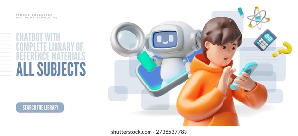 A 3D banner featuring a chatbot with a magnifying glass helping a boy with a smartphone solve a problem through an app. Online learning with technology. Artificial intelligence, education. Vector.