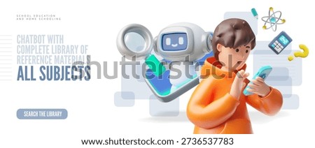 A 3D banner featuring a chatbot with a magnifying glass helping a boy with a smartphone solve a problem through an app. Online learning with technology. Artificial intelligence, education. Vector.