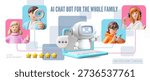 A 3D banner featuring a chatbot on a laptop screen providing assistance to the whole family. AI, personal assistant, communication, support, information search. Vector. Render.