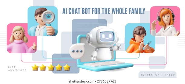 A 3D banner featuring a chatbot on a laptop screen providing assistance to the whole family. AI, personal assistant, communication, support, information search. Vector. Render.
