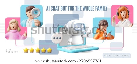 A 3D banner featuring a chatbot on a laptop screen providing assistance to the whole family. AI, personal assistant, communication, support, information search. Vector. Render.