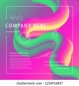 3d banner flow fluid shapes. Liquid wave trendy modern vibrant background. green, yellow and pink color. curve vector graphic style	