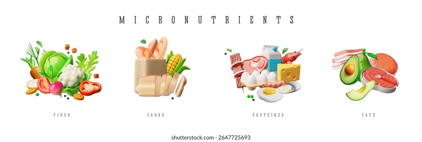 3D banner with food categories with micronutrients, fiber, carbohydrates, proteins and fats. Vegetables, grains, meat, egg, seafood. Healthy eating concept. Vector cartoon illustration.