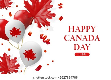 3d banner for Happy Canada Day. Balloons and maple leaves. Patriotic poster is symbol of freedom. National colors concept design. Independence day greeting card. Three-dimensional vector illustration.