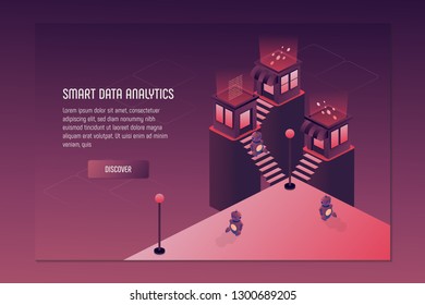 3d banner with lending. Vector flat 3d illustration. Modern flat vector. Isometric people vector. Flat cartoon vector illustration. Data analytics concept banner.