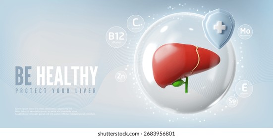 3D banner with liver in protective bubble with shield and vitamins, blue background. Healthy organs. Medicine concept, healthcare. Vector illustration. Place for text. Cartoon style.