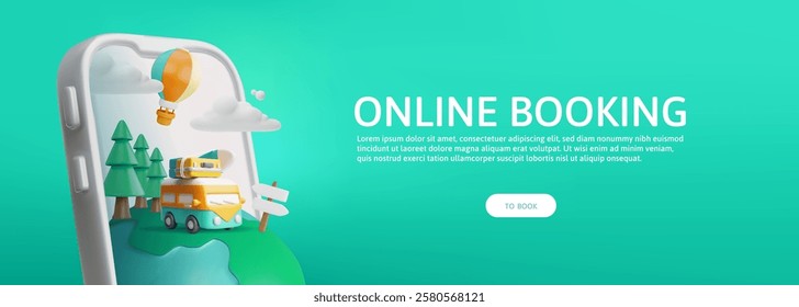 3d banner with mobile phone, bus with suitcase, earth, hot air balloon and clouds. Online booking summer trip. Travel vacation. Cartoon style. Space for text. Vector illustration.