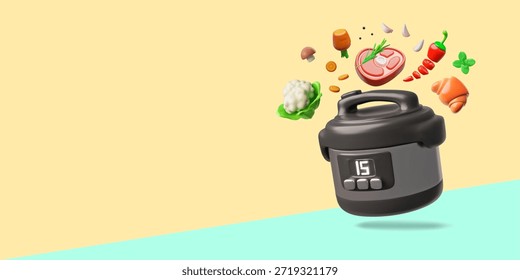 3D banner with a multicooker and falling ingredients, vegetables, meat, and baked goods. Kitchen equipment. Cooking, recipe. For culinary apps and blogs. Vector illustration. Cartoon style.