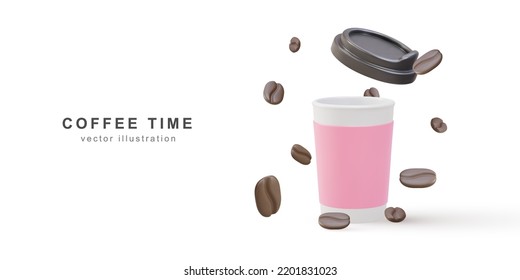 3d banner with open realistic paper coffee cup and coffee beans on a white background. Vector illustration.