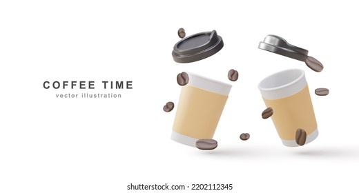 3d banner with open realistic two paper coffee cups and coffee beans on a white background. Vector illustration.