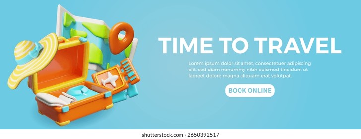 3D banner with open suitcase with things, plane tickets and map. Online booking of tickets and vacation spot. Travel, vacation, tourism theme. Cartoon plastic style. Vector illustration.