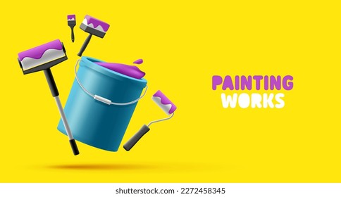 3D banner of painting services. Rollers, brushes and a bucket with purple paint on a yellow background. Dynamic composition of elements for wall painting concepts.