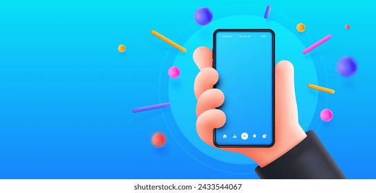 3D banner with phone. Hand with smartphone. Businessman with call. Modern gadget and device. Place for text and advertising. Cartoon isometric vector illustration isolated on blue background