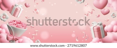 3D banner with a pink background, a bouquet of flowers, a heart, clouds, a gift box, confetti, and space for text in the center. March 8th, St. Valentine's Day, birthday. Card, invitation. Vector.