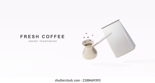 3d banner with realistic  golds Turku, package for coffee and coffee beans on. Vector illustration.
