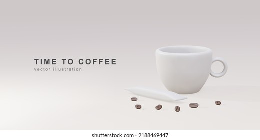 3d banner with realistic paper coffee cup, sugar stick and coffee beans on a grey background. Vector illustration.