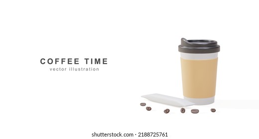 3d banner with realistic paper coffee cup, sugar stick and coffee beans on a white background. Vector illustration.