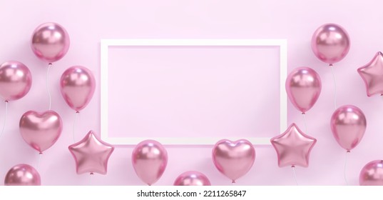 3d banner of realistic pink balloons flying. Vector illustration for card, Baby shower, gender reveal party Invitation, design, flyer, poster, decor, web, advertising