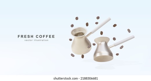 Banner 3d con dos golds Turku realistas para café y granos de café. Ilustración vectorial.