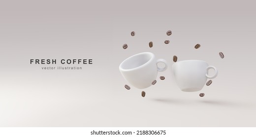 3d banner with realistic two paper coffee cups and coffee beans. Vector illustration.