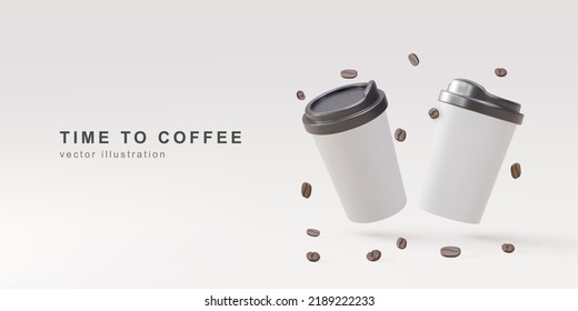 3d banner with realistic two paper coffee cups and coffee beans on a grey background. Vector illustration.