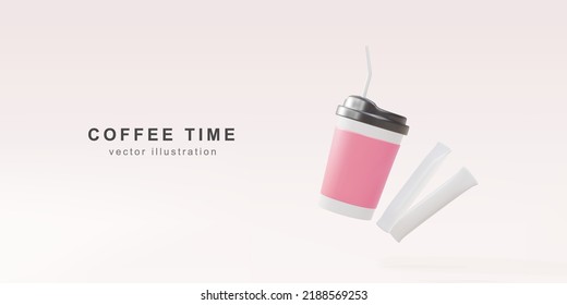 3d banner with realistic two sugar sticks, paper coffee cups. Vector illustration.
