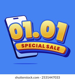 3D banner showcasing '01.01 Special Sale' in bold yellow text with a smartphone icon on a vibrant blue background, perfect for online promotions and sales events.