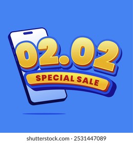 3D banner showcasing '02.02 Special Sale' in bold yellow text with a smartphone icon on a vibrant blue background, perfect for online promotions and sales events.