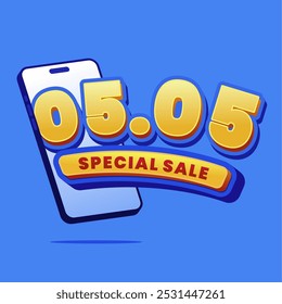 Banner 3D exibindo '05.05 Special Sale' em texto amarelo em negrito com um ícone de smartphone em um fundo azul vibrante, perfeito para promoções on-line e eventos de vendas.