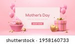 3d banner template designed with cup cake, balloons and gift box. Minimal pink background suitable for Mother