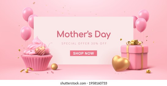 3d banner template designed with cup cake, balloons and gift box. Minimal pink background suitable for Mother's Day and Valentine's Day.