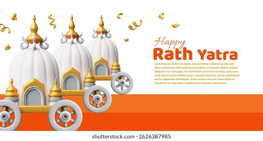 3D banner with three golden chariots and confetti - Ratha Yatra celebrations. Taking out Lord Jagannath, Balabhadra and Subhadra. Indian festival. Vector illustration. Advertising poster.