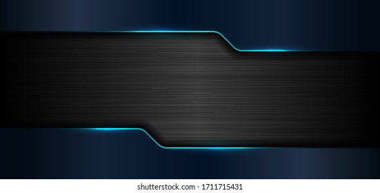 3D banner web template geometric blue glow shiny metallic on black metal background and texture with space for your text. Technology concept. Vector illustration